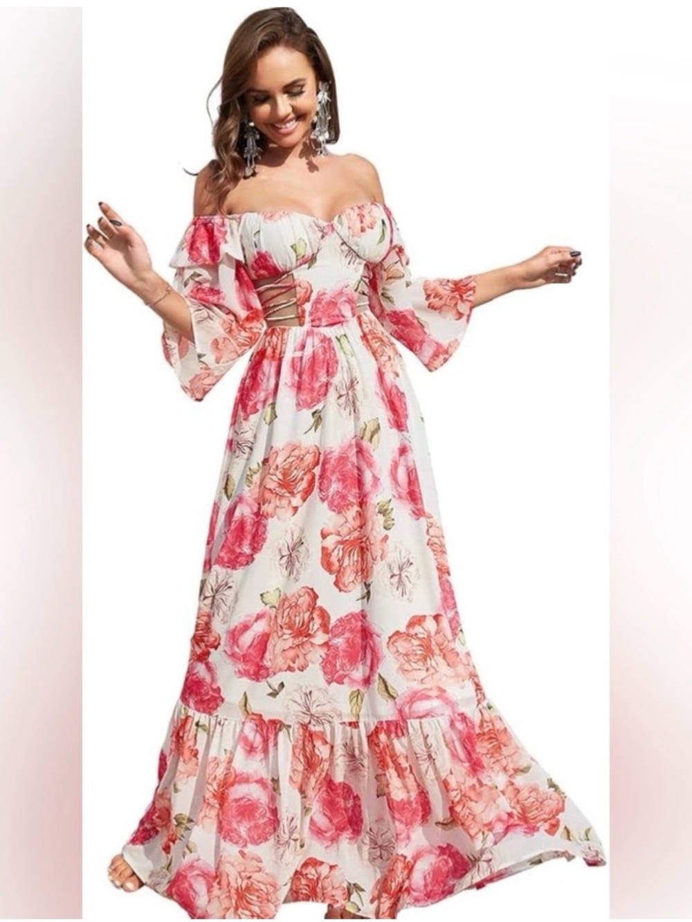 Giffniseti Dress Women's Pink Floral Off Shoulder Ruffle Maxi Dress Boho